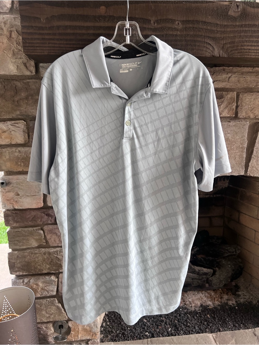 Nike Men's Light Gray/Blue Polo with Subtle Geometric Pattern Large